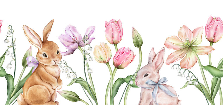 Seamless banner of Pastel pink light violet yellow bud Tulips and bunnies watercolor illustration isolated on background. Hand drawn spring perennial bulbous flower for spring border and Easter design