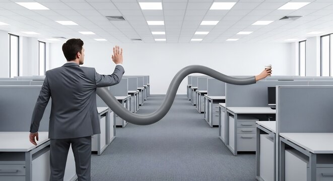 Man in Suit with Elongated Arms Reaching Across Office Cubicles.