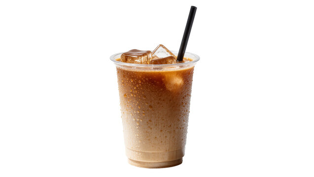 Isolated Iced Coffee Drink in Plastic Cup with Ice Cubes and Straw on a Clean Backdrop