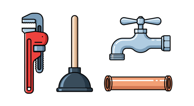 A set of plumbing tools and fixtures including a wrench plunger faucet and pipe, Generative AI.