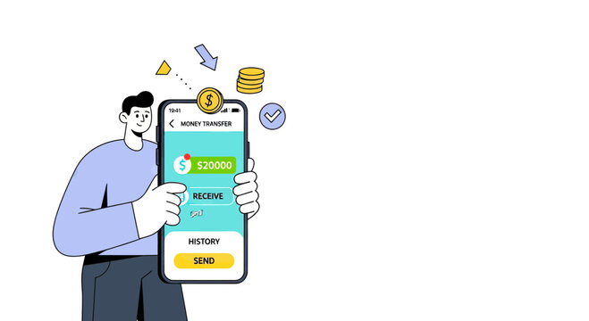 Young man using a mobile banking app for digital money transfer and online payment on smartphone