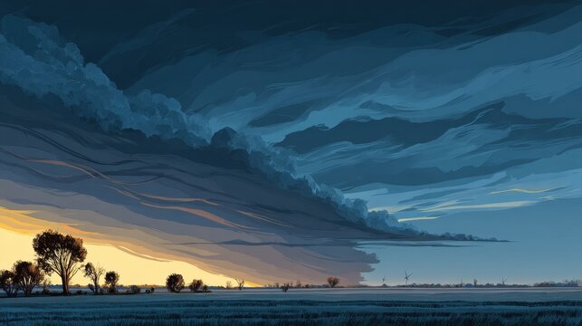 Dramatic sky showing an advancing cold front with a shelf cloud along the horizon