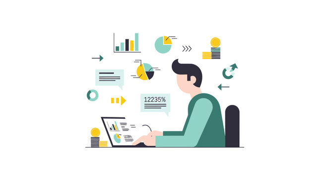 Business Data Analyst or Financial Advisor Working on Laptop with Infographic Charts and Graphs for Investment Strategy and Market Growth Illustration