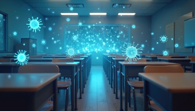 Empty classroom with virus particles floating. Microbes spread between desks. School health and hygiene concept. Education safety measures. Pandemic threat.