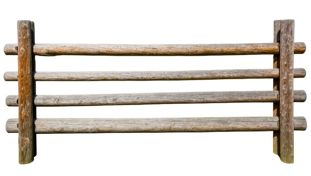 Isolated weathered rustic wooden rail fence section made of rough logs and timber posts