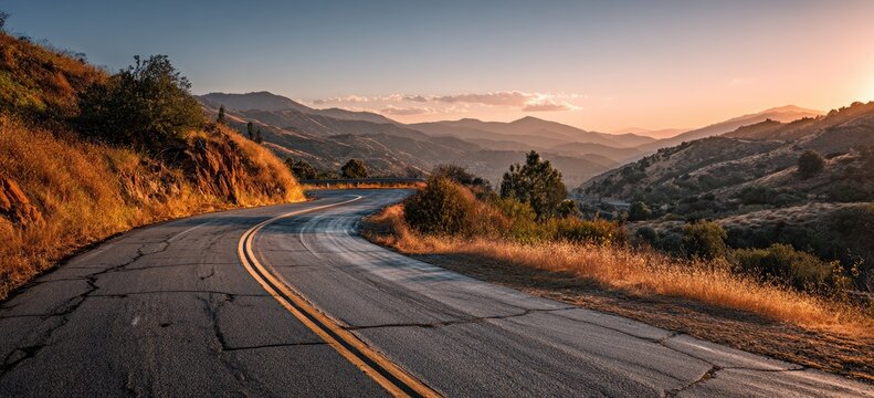 A winding road through sunlit hills, with the sun setting, casting warm colors across the landscape