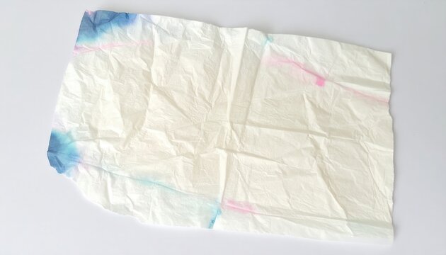 Guardanapo de papel amassado com manchas leves de tinta azul e rosa sobre fundo branco isolado. 