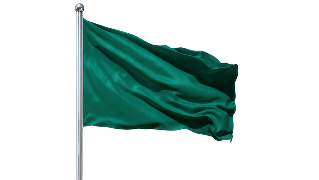 Isolated plain dark green flag waving on a shiny silver chrome flagpole in the wind