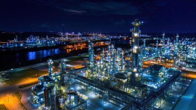 Drone shot over an industrial chemical processing plant at night with glowing infrastructure