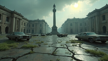 Fototapeta premium Dilapidated city square with abandoned cars, crumbling architecture. Cracked pavement, overgrown grass suggest post-disaster aftermath. Lone statue stands against hazy, sunlit sky. Buildings show