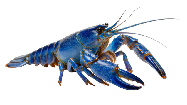 Isolated beautiful vibrant blue freshwater crayfish, showing detailed shell, claws, and antennae