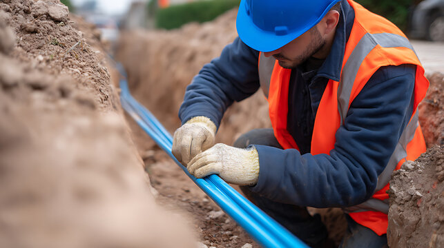Dedicated worker install services in trench, worker in safety hard hat and vest carefully lay blue cables in dug ground, install utility infrastructure