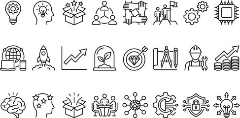 Fototapeta premium Innovation and Technology Line Icon Set with Startup Growth Strategy Teamwork Leadership Engineering Development and Creative Business Idea Symbols