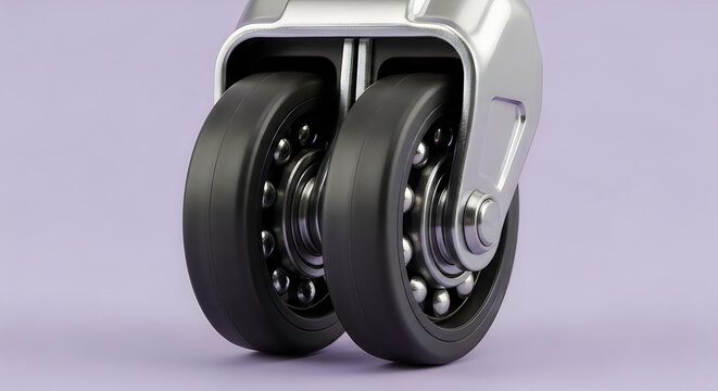 Close-up view of a modern dual-wheel caster assembly with metal frame and rubber wheels