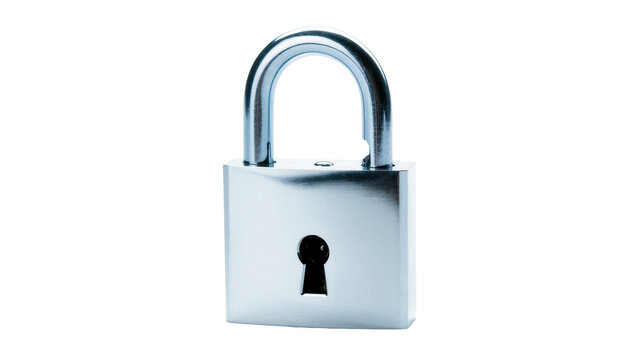 Isolated shiny metal padlock with shackle open and visible keyhole, symbolizing security