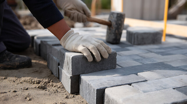 Skilled worker accurately places interlocking pavers, constructing durable outdoor flooring, showcasing diligent labor and precision craftsmanship