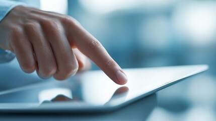 Naklejka premium Person uses a finger to touch a tablet screen in an indoor setting during the day