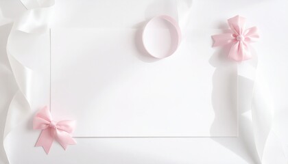 Obraz premium Minimal Pink Bow Corner Frame Background - Clean Elegant White Stationery Layout with Cute Ribbon Accent for Wedding Invites, Greeting Cards and Minimalist Feminine Design