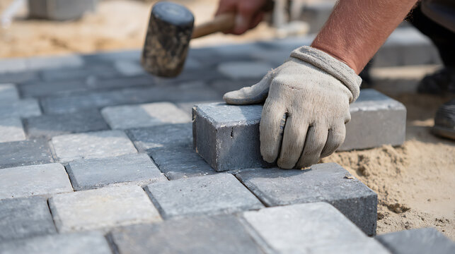 Skilled worker accurately places interlocking concrete pavers by hand with a rubber mallet, constructing durable outdoor hardscape with precision and care
