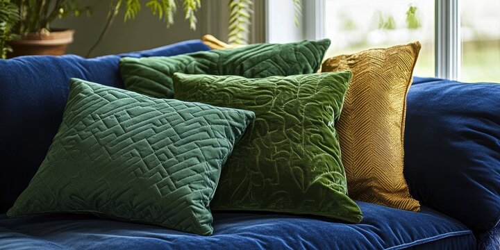 Almofadas de veludo verde e mostarda sobre sof&aacute; azul vibrante em ambiente dom&eacute;stico aconchegante.