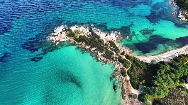 Aerial view of Karydi Beach in Vourvourou, Sithonia peninsula, Chalkidiki, Greece in spring offseason