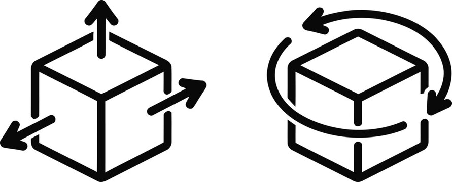 "3D Cube with Directional Arrows and Rotation Symbol Line Art Icon Set &mdash; Distribution, Logistics, Data Transfer and Object Rotation Design Concept Illustration"
