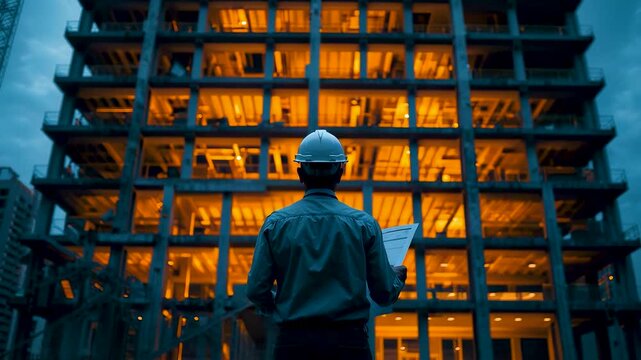 Man In Blue Shirt Standing With Back Turned Watching Illuminated Multi Story Building At Night