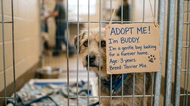 Dog named Buddy in shelter cage looking hopeful for adoption  