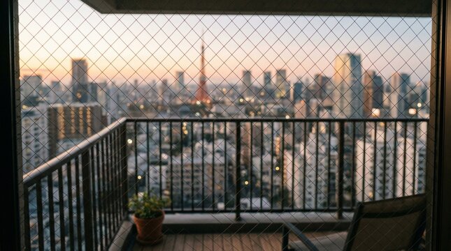 City skyline view from balcony with potted plant at sunset  