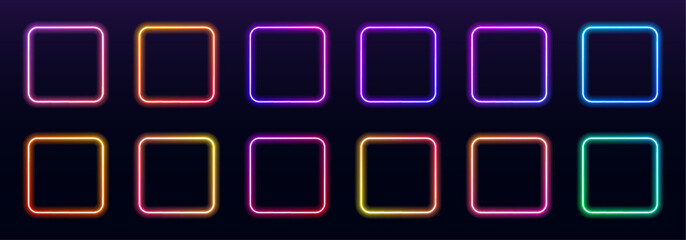 Collection of glowing neon square frames with multicolor LED gradients. Bright futuristic borders stand isolated on black background. Vector set. © Extrastock