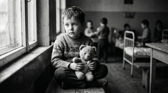Young boy sitting alone with teddy bear by window in classroom  