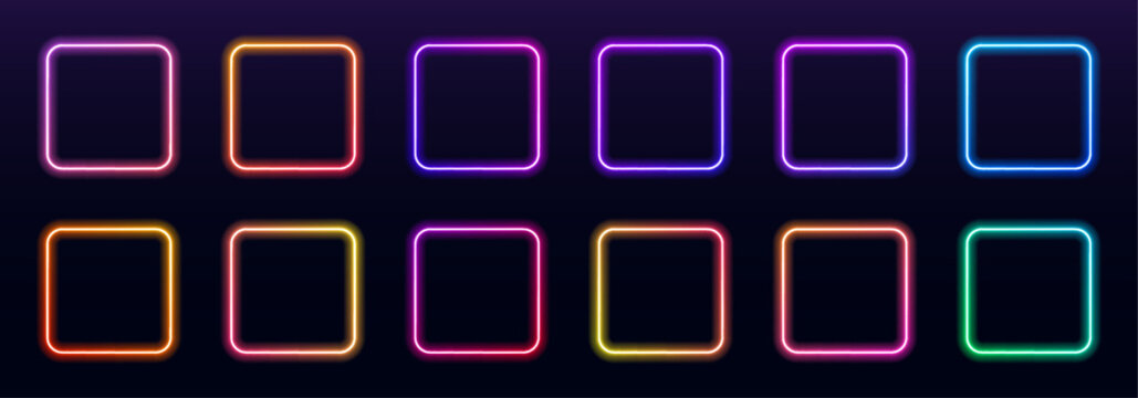 Collection of glowing neon square frames with multicolor LED gradients. Bright futuristic borders stand isolated on black background. Vector set.