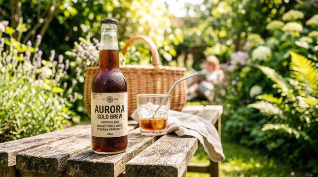 Cold brew coffee bottle and glass on wooden table in garden  