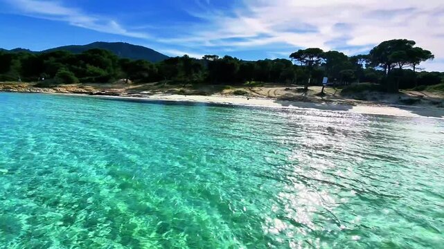 Aerial view of Karydi Beach in Vourvourou, Sithonia peninsula, Chalkidiki, Greece in spring offseason