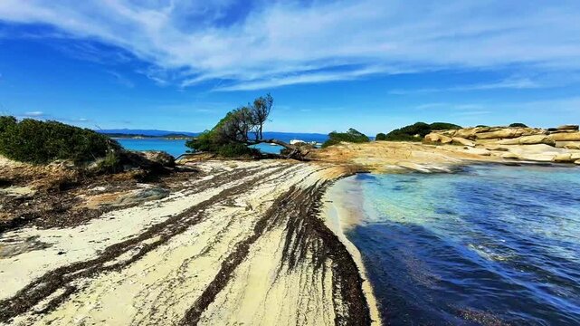 Aerial view of Karydi Beach in Vourvourou, Sithonia peninsula, Chalkidiki, Greece in spring offseason