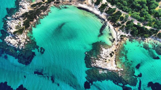 Aerial view of Karydi Beach in Vourvourou, Sithonia peninsula, Chalkidiki, Greece in spring offseason