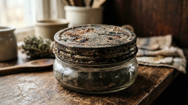 Old jar with dirty lid on rustic kitchen table with herbs  