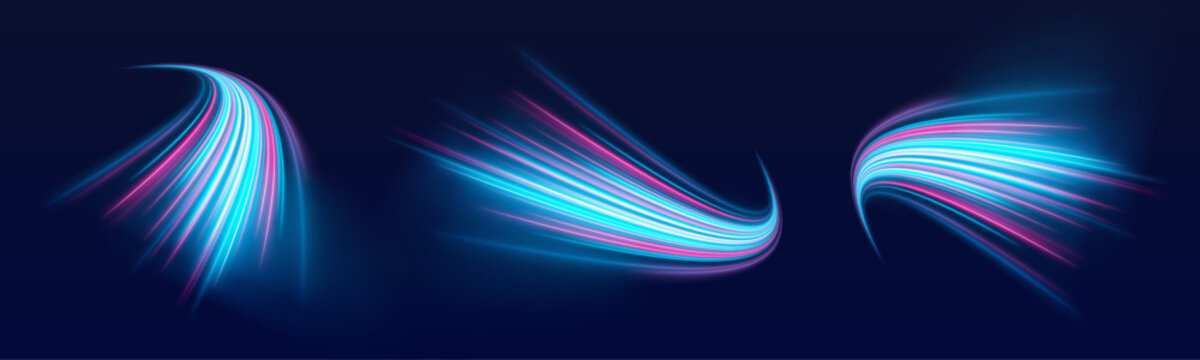 Cyan and pink set glowing streaks rush across futuristic highway system. Light trails form minimal speed and motion effect. Abstract design.