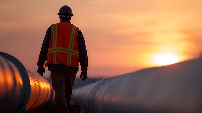 Industrial worker in protective gear and hardhat walks between large pipelines during a vibrant sunset sky, showcasing dedication and effort