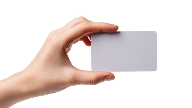 Isolated hand holding blank light grey credit card for custom text or brand logo presentation