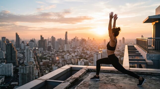 Woman stretching during yoga at rooftop with city skyline at sunset  