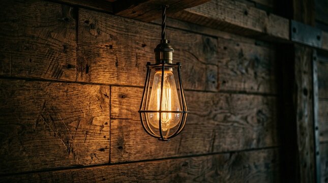 Vintage light bulb hanging from wooden beam in rustic interior  