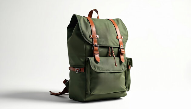Olive green canvas backpack with brown leather accents. Bag has drawstring closure and front pockets. Ideal for school or travel. Mockup for design.