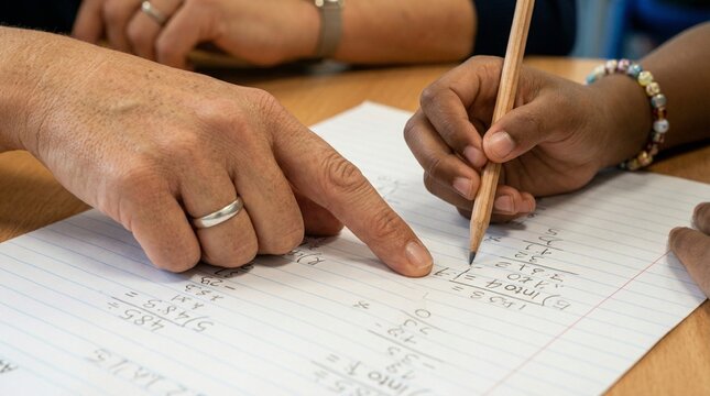 Adult teaching child math concepts with a pencil at a table  