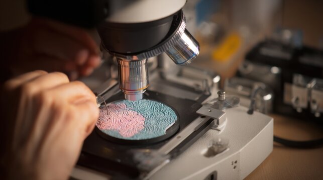Focused microtome sectioning of frozen tissue specimen displaying crisp tissue slices with indistinct hands and background elements.