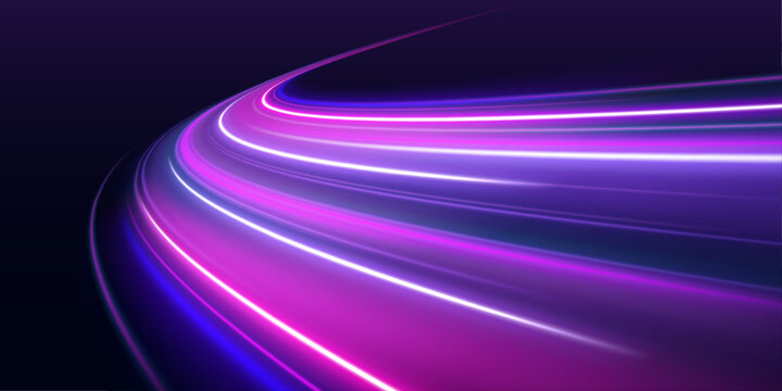 Neon purple curves twist through night city traffic environment. Light trails enhance speed perception and digital motion effect. Abstract PNG.