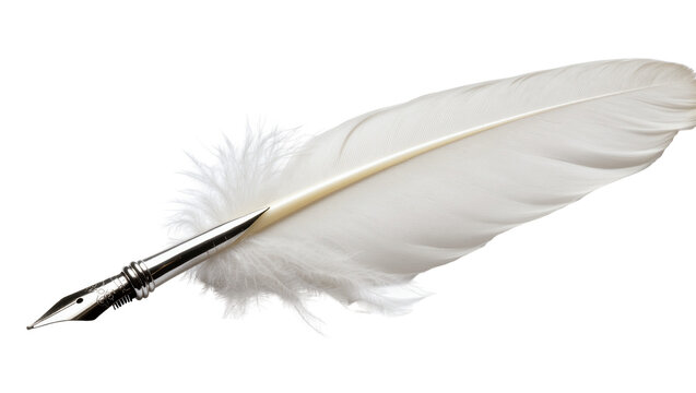 Isolated pristine white feather quill pen with silver metal nib, elegant old-fashioned writing tool.
