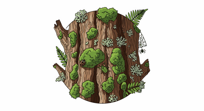 A close-up illustration of a moss-covered tree stump with ferns, lichen, and insects