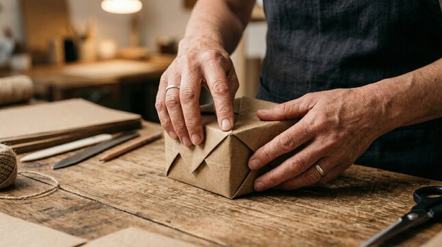 Man wrapping a package with string in a cozy workshop  