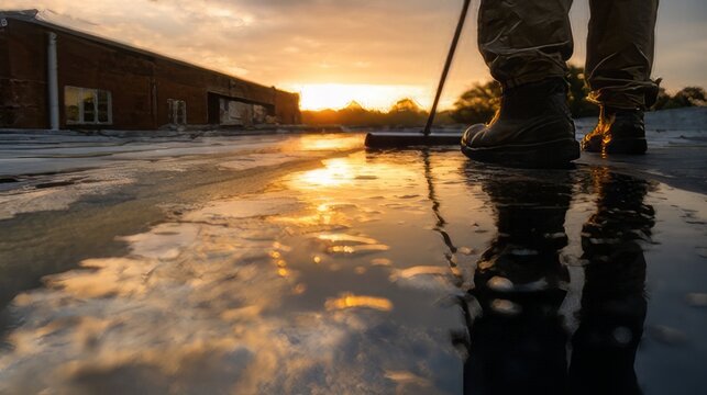 Roofing contractor inspecting or installing a flat roof at sunset.